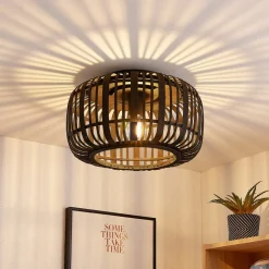 Lindby Canyana loftlampe, sort, rattan, Ø 40 cm