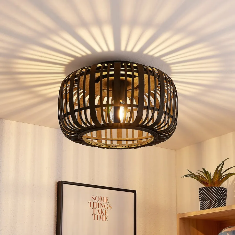 Lindby Canyana loftlampe, sort, rattan, Ø 40 cm
