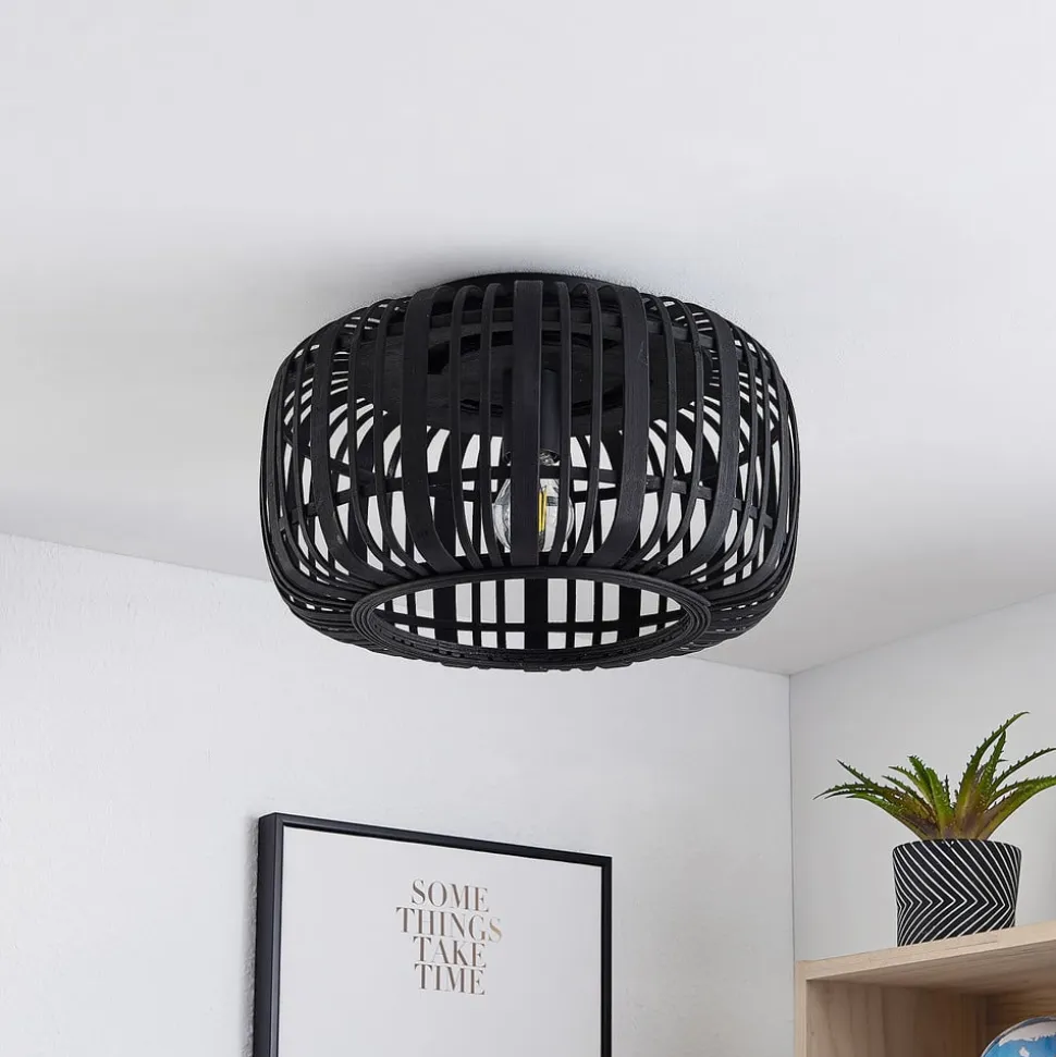 Lindby Canyana loftlampe, sort, rattan, Ø 40 cm