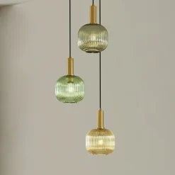 Lindby Doroteo hængelampe, 3 lyskilder, grøn/amber/grå, glas