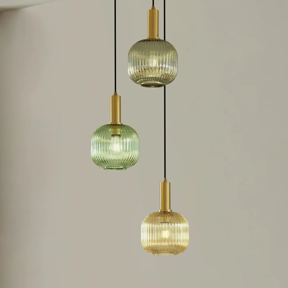Lindby Doroteo hængelampe, 3 lyskilder, grøn/amber/grå, glas