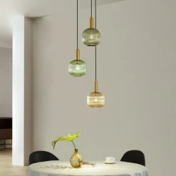 Lindby Doroteo hængelampe, 3 lyskilder, grøn/amber/grå, glas