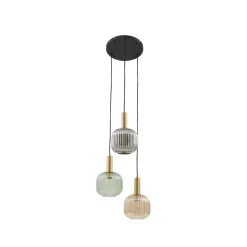 Lindby Doroteo hængelampe, 3 lyskilder, grøn/amber/grå, glas