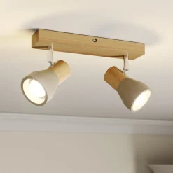 Lindby Filiz spotlight, 2 lyskilder, 27 cm, træ, beton, E14