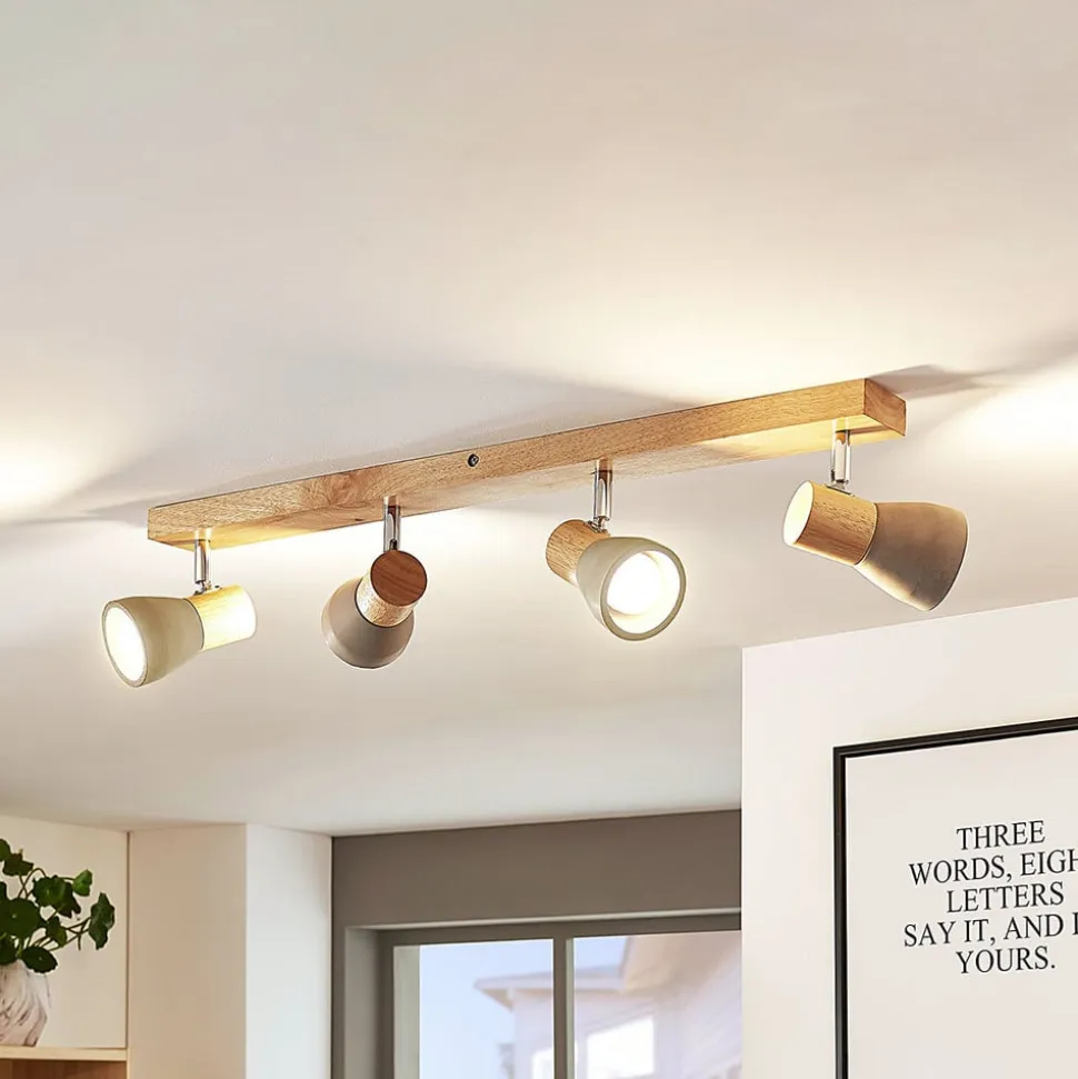 Lindby Filiz spotlight, 4 lyskilder, 77 cm, træ, beton, E14
