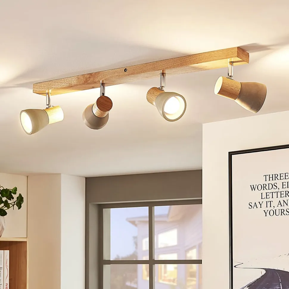 Lindby Filiz spotlight, 4 lyskilder, 77 cm, træ, beton, E14