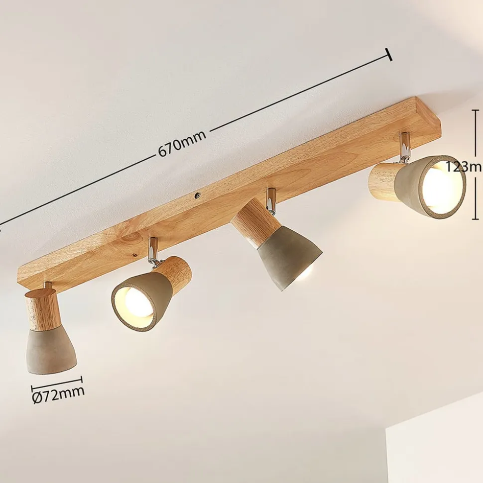 Lindby Filiz spotlight, 4 lyskilder, 77 cm, træ, beton, E14