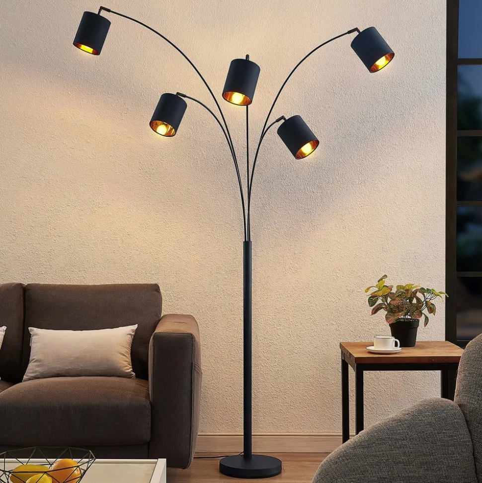 Lindby gulvlampe Abiram, sort/guld, tekstil, 70 cm