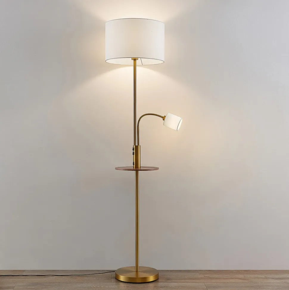 Lindby Gulvlampe Aovan, bronzefarvet, hylde, USB-port