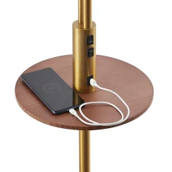 Lindby Gulvlampe Aovan, bronzefarvet, hylde, USB-port