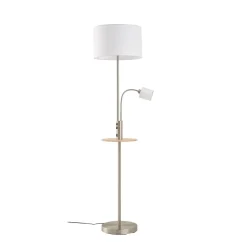 Lindby Gulvlampe Aovan, nikkelfarvet, hylde, USB-port