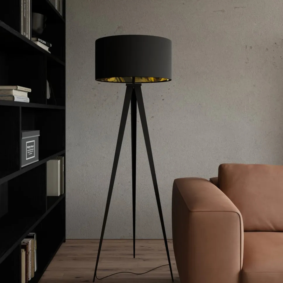 Lindby gulvlampe Benik, stativ, tekstil, sort/guld, 153 cm