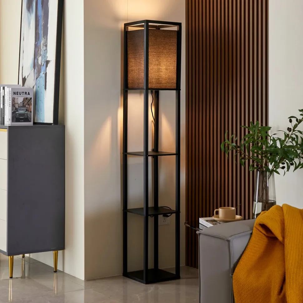 Lindby gulvlampe Birta, sort, hylde, træ, 159 cm