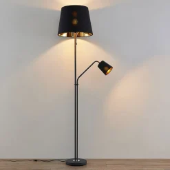 Lindby gulvlampe Efalia, sort/guld, tekstil, læselampe