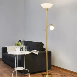 Lindby gulvlampe Elaina, læselampe, messingfarvet, 183cm E27