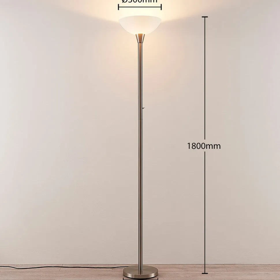Lindby gulvlampe Ignacia, nikkelfarvet, glas, 180 cm, E27