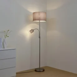 Lindby gulvlampe Jaileen, grå, tekstil, 170 cm, læselampe
