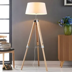 Lindby gulvlampe Katie, 162 cm, hvid, tekstil, træ, stativ