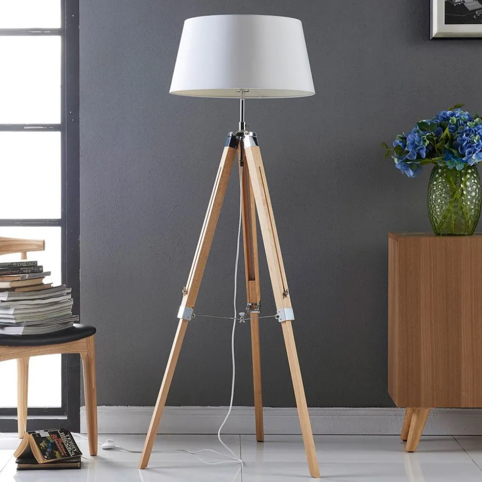 Lindby gulvlampe Katie, 162 cm, hvid, tekstil, træ, stativ