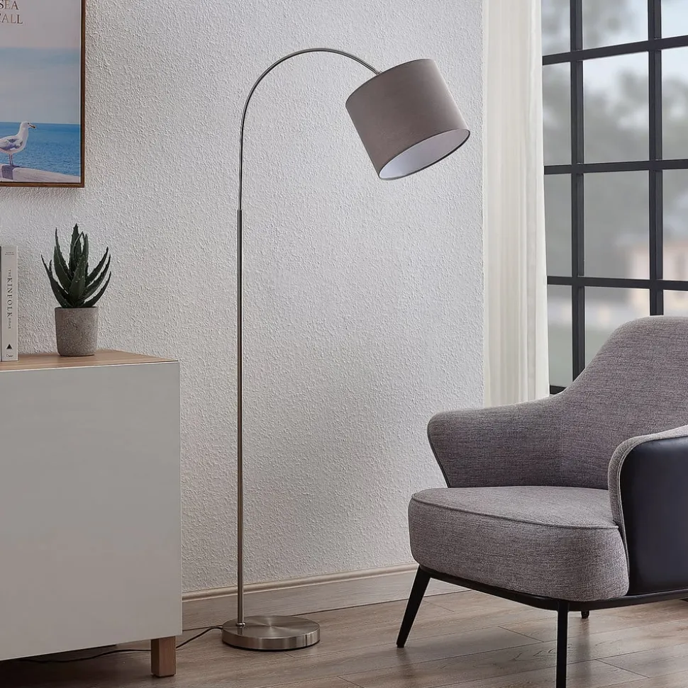 Lindby gulvlampe Keriba, nikkel/taupe, stof, 150 cm, E27