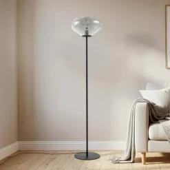 Lindby Gulvlampe Lelia, røggrå, glas, metal, 150 cm