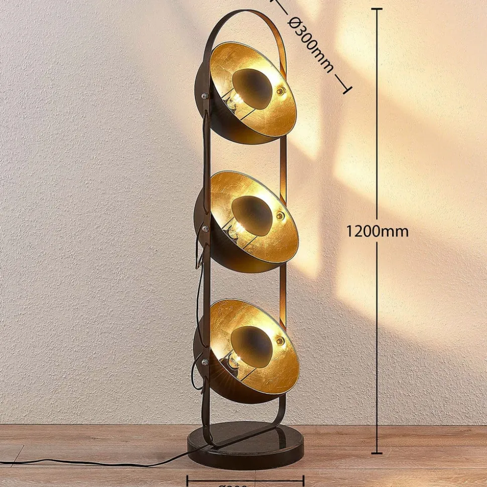 Lindby gulvlampe Muriel, 3 lyskilder, sort/guld, metal