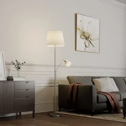 Lindby gulvlampe Nantwin, 175 cm, hvid, nikkel, tekstil