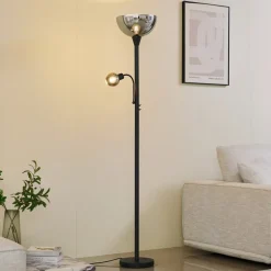 Lindby gulvlampe Nehemia, sort, glas, læselampe, 185 cm