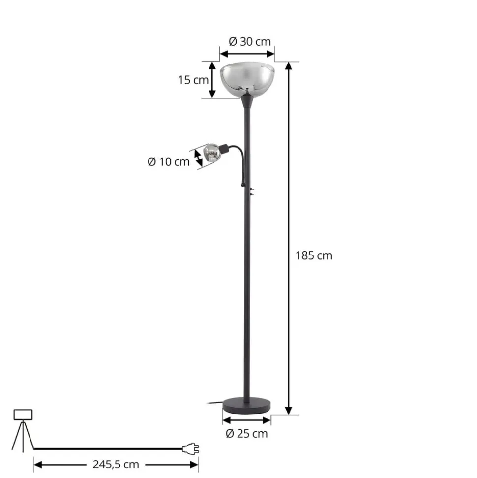 Lindby gulvlampe Nehemia, sort, glas, læselampe, 185 cm