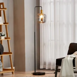 Lindby gulvlampe Nimbora, 150 cm, sort, glas, metal