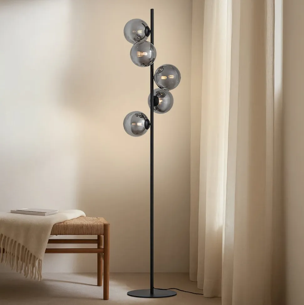 Lindby gulvlampe Orbelia, sort, 5 lyskilder, glas