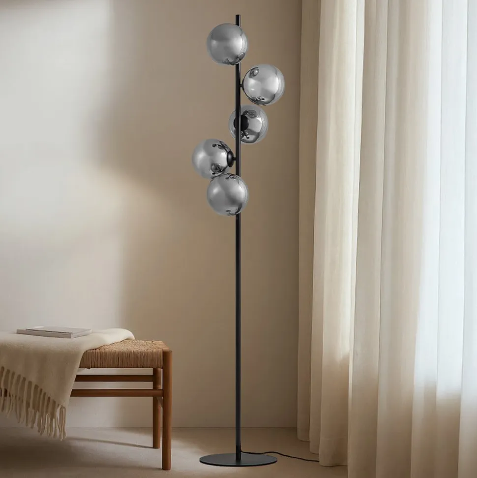 Lindby gulvlampe Orbelia, sort, 5 lyskilder, glas