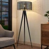 Lindby gulvlampe Thoralf, trefod, sort, tekstil, Ø50cm