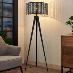 Lindby gulvlampe Thoralf, trefod, sort, tekstil, Ø50cm