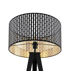 Lindby gulvlampe Thoralf, trefod, sort, tekstil, Ø50cm