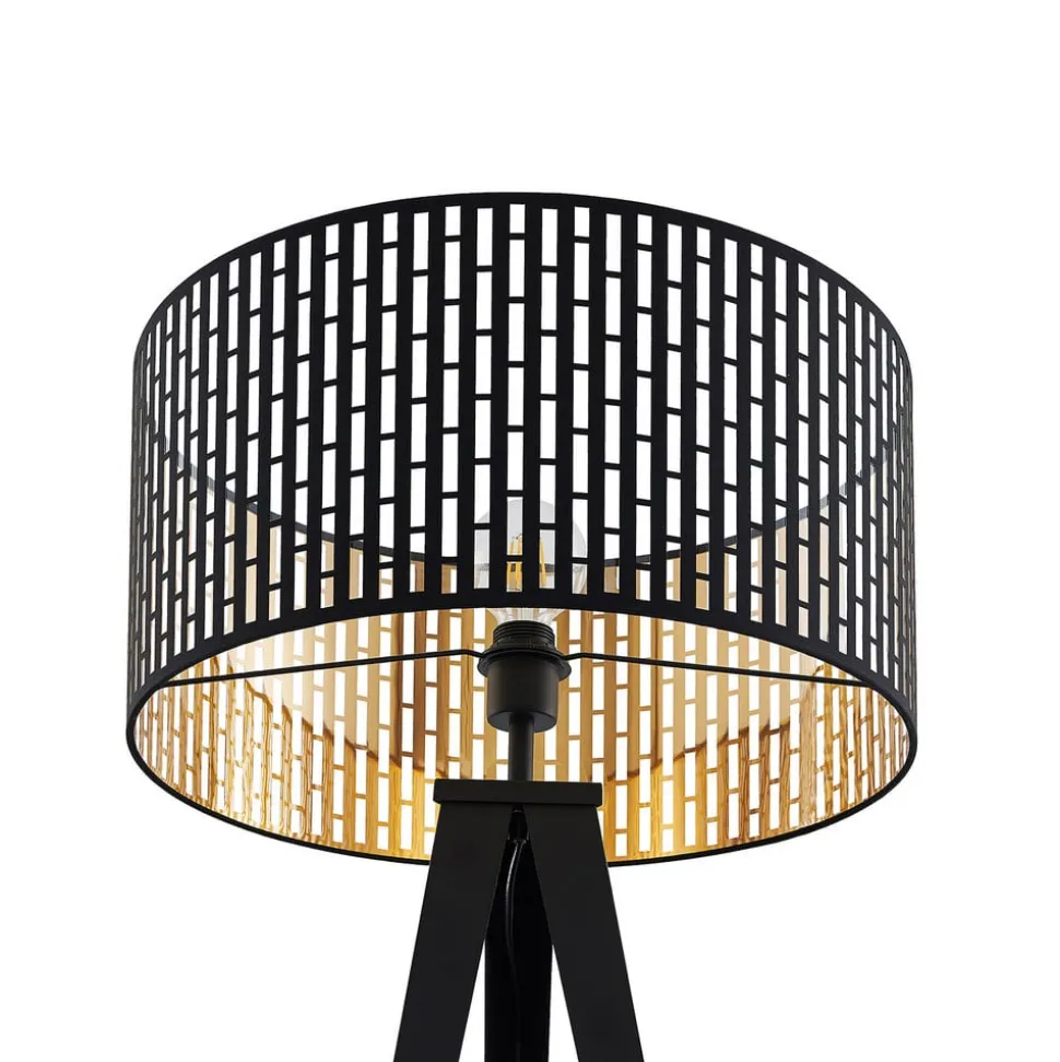 Lindby gulvlampe Thoralf, trefod, sort, tekstil, Ø50cm