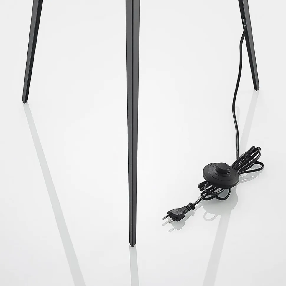 Lindby gulvlampe Thoralf, trefod, sort, tekstil, Ø50cm