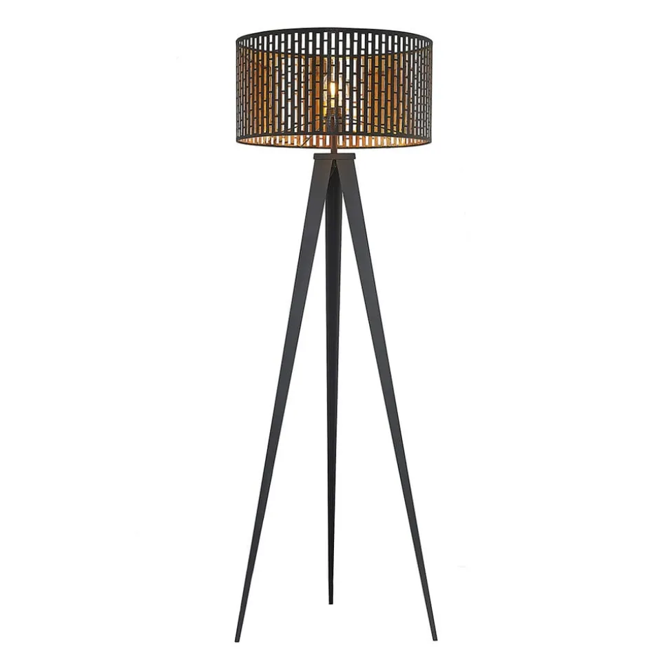 Lindby gulvlampe Thoralf, trefod, sort, tekstil, Ø50cm
