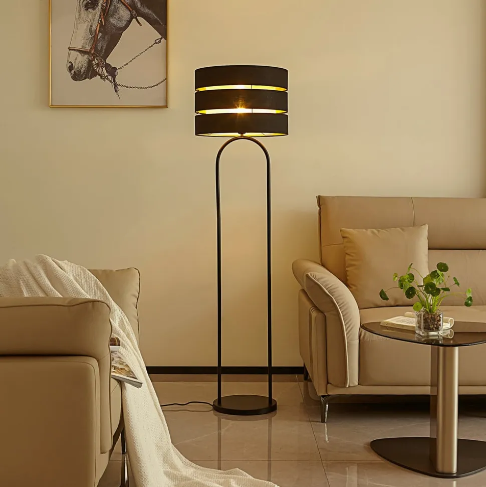Lindby gulvlampe Tsomo, Ø 40 cm, sort, stof, E27