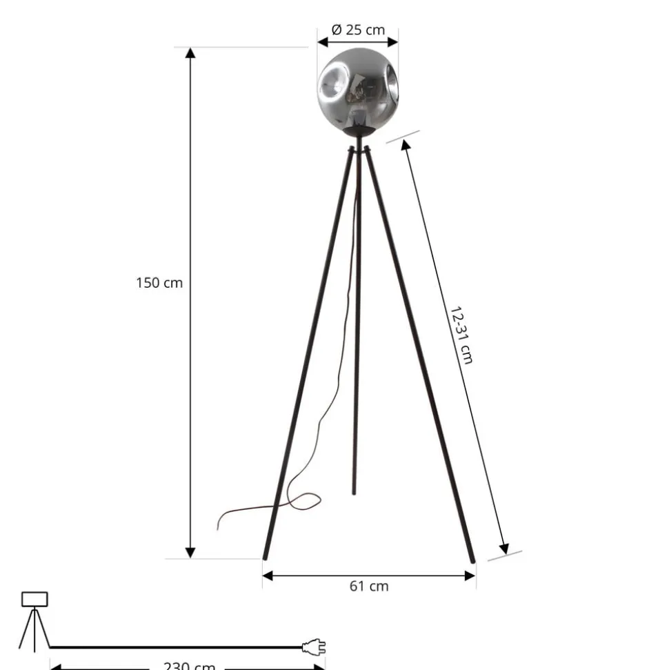 Lindby gulvlampe Valentina, E27, røggrå, glas, 150 cm