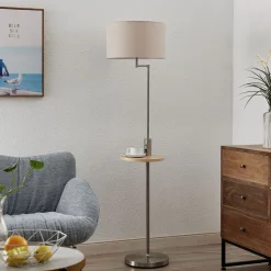 Lindby gulvlampe Zinia, nikkelfarvet, hylde, USB-tilslutning