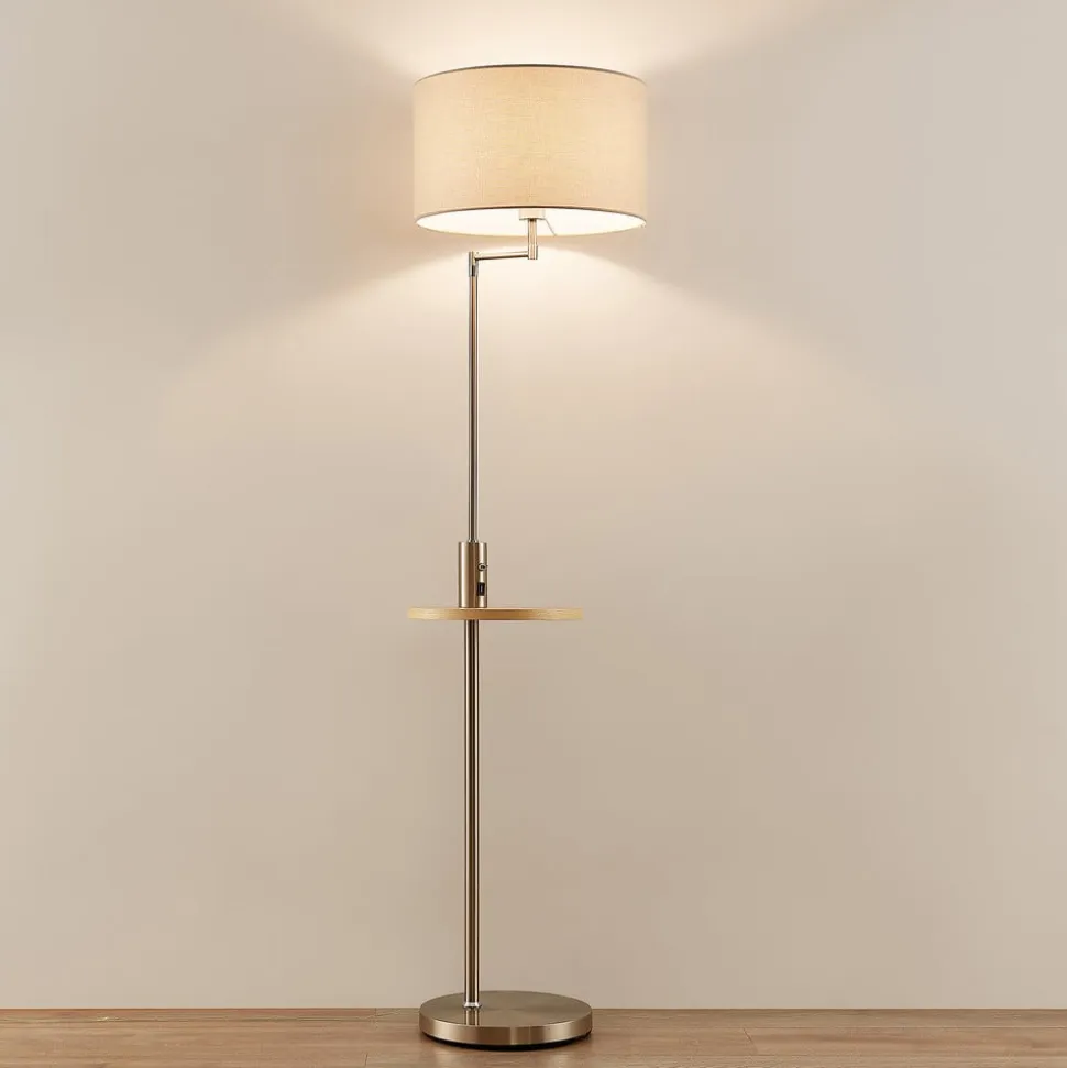 Lindby gulvlampe Zinia, nikkelfarvet, hylde, USB-tilslutning