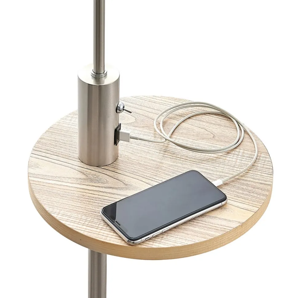 Lindby gulvlampe Zinia, nikkelfarvet, hylde, USB-tilslutning