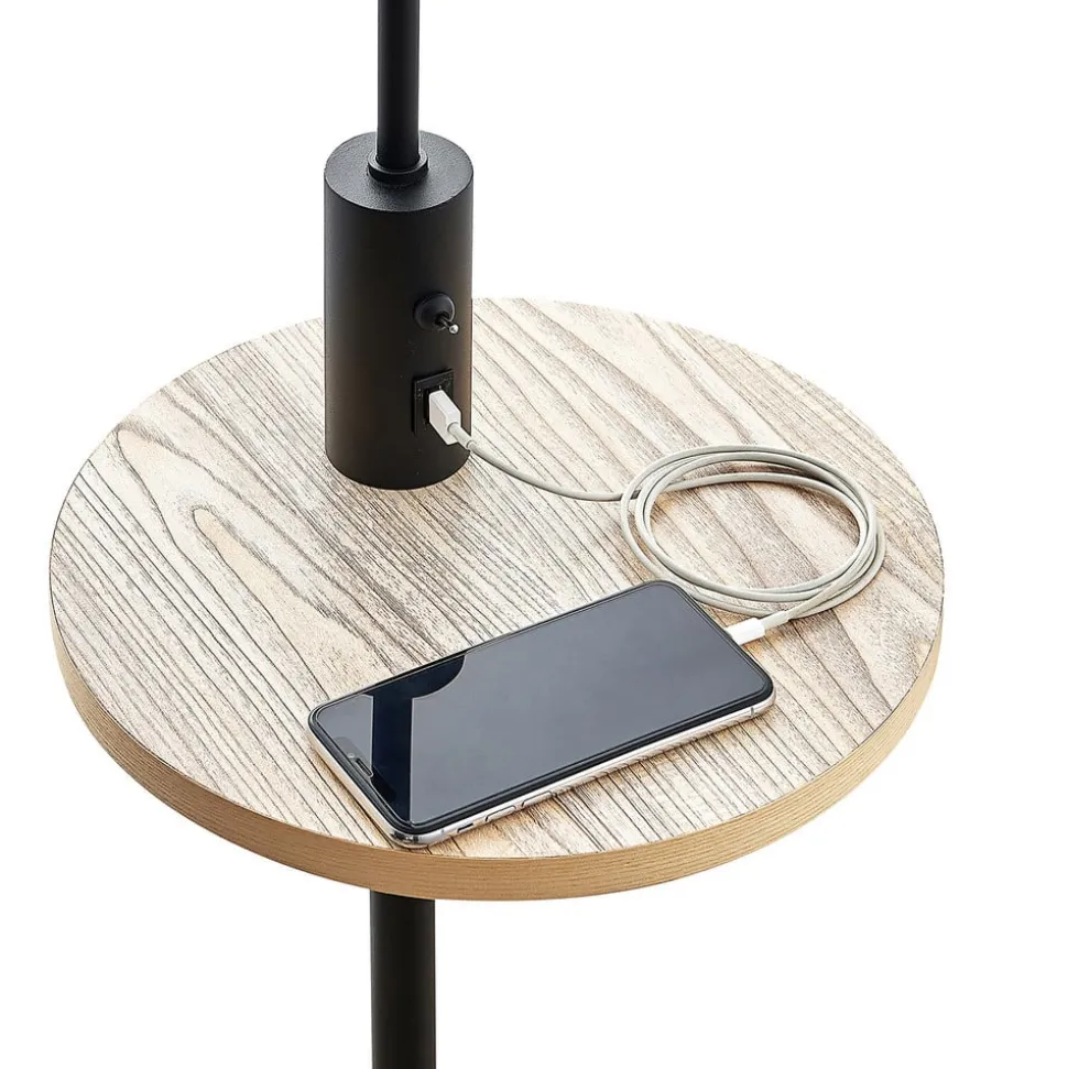 Lindby gulvlampe Zinia, sort, hylde, USB-tilslutning