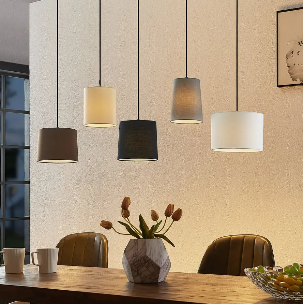 Lindby hængelampe Amilia, stof, 5 lyskilder, grå/beige, E27