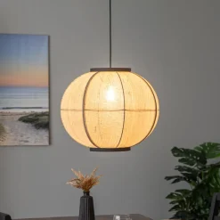 Lindby hængelampe Aurinil, træfarvet, hør, Ø 48cm, E27