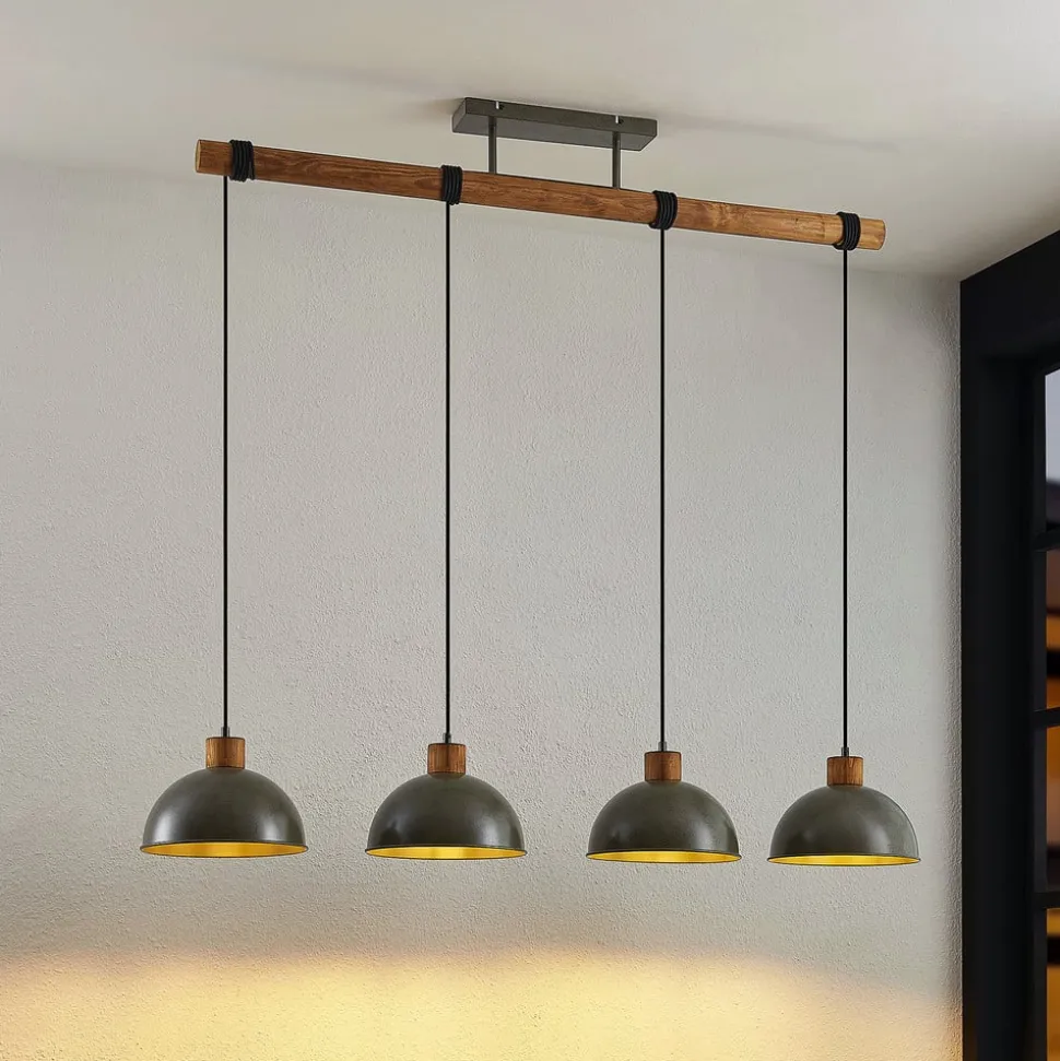 Lindby hængelampe Durbis, 116 cm, 4 lyskilder, grå, træ, E27