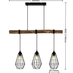 Lindby hængelampe Eldarion, 90 cm, 3 lyskilder, træ, E27