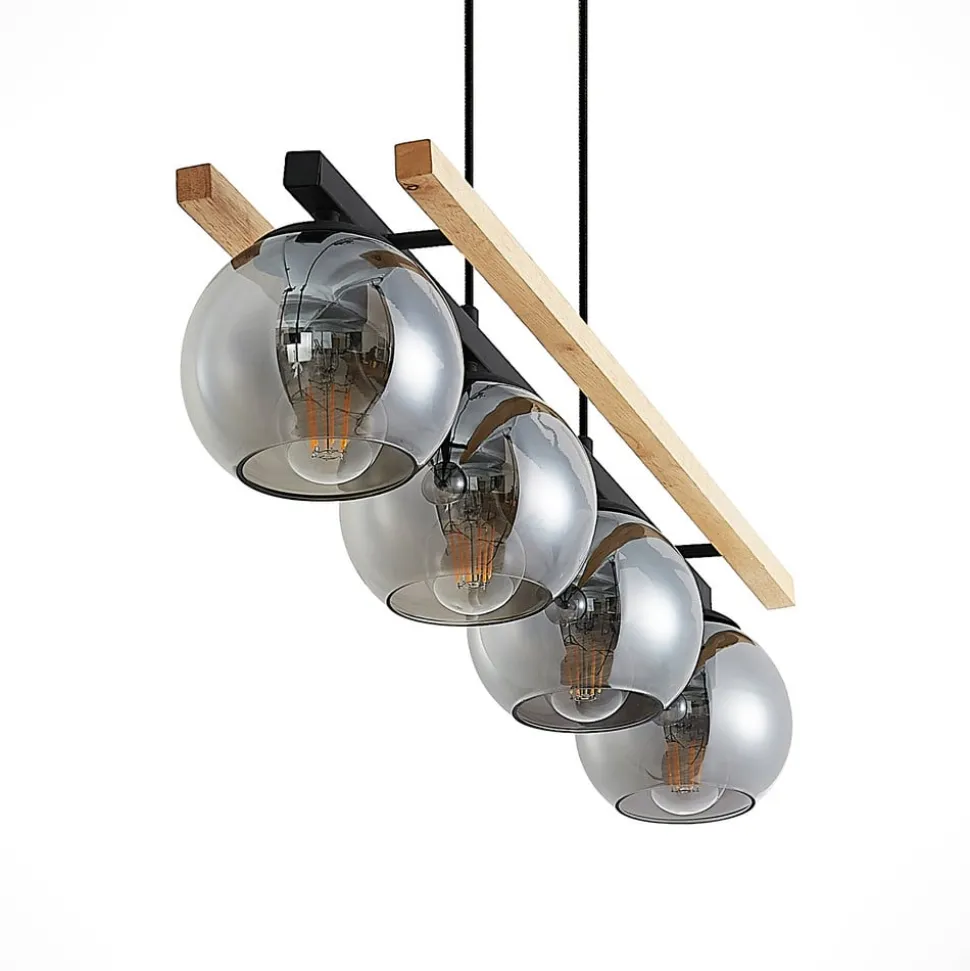 Lindby hængelampe Enrique, smoke, 4 lyskilder, glas, træ, E27