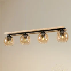 Lindby hængelampe Enrique, amber, 4 lyskilder, glas, træ, E27